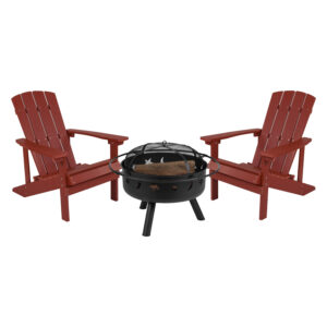 3 Piece Adirondack Chairs with Fire Pit Set – Red