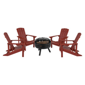 5 Piece Adirondack Chairs with Fire Pit Set – Red