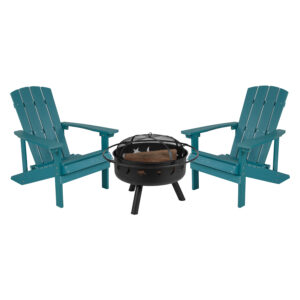 3 Piece Adirondack Chairs with Fire Pit Set – Seafoam Green