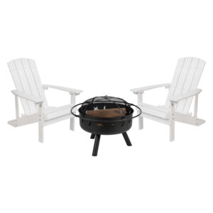 3 Piece Adirondack Chair with Fire Pit Set – White