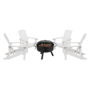 5 Piece Adirondack Chair with Fire Pit Set – White