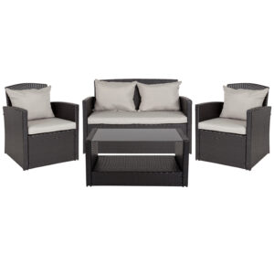 Rattan Style 4 Piece Patio Set with Back Pillows – Gray