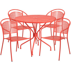 Round Steel Patio Table with 4 Chairs – Red