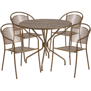 Round Steel Patio Table with 4 Chairs – Gold