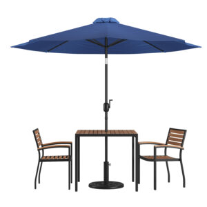 5 Piece Patio Set with Blue Umbrella – Teak