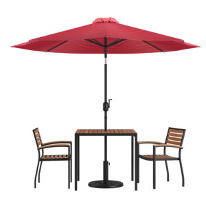 5 Piece Patio Set with Red Umbrella – Teak