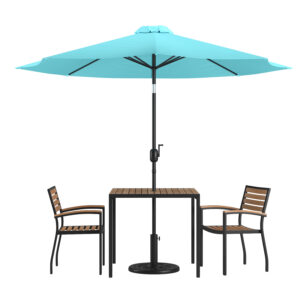 5 Piece Patio Set with Teal Umbrella – Teak