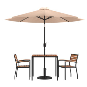 5 Piece Set with Tan Umbrella – Teak