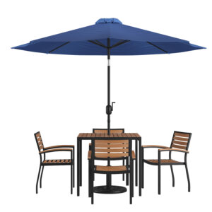 7 Piece Patio Set with Blue Umbrella – Teak