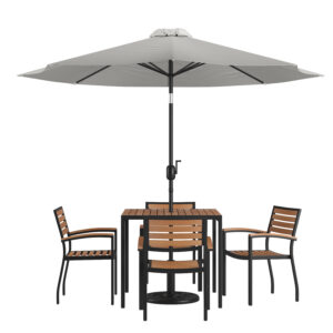 7 Piece Patio Set with Gray Umbrella – Teak