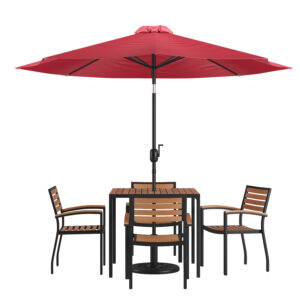 7 Piece Patio Set with Red Umbrella – Teak