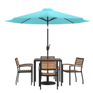 7 Piece Patio Set with Teal Umbrella – Teak