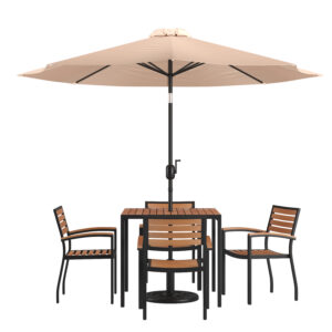 7 Piece Patio Set with Tan Umbrella – Teak